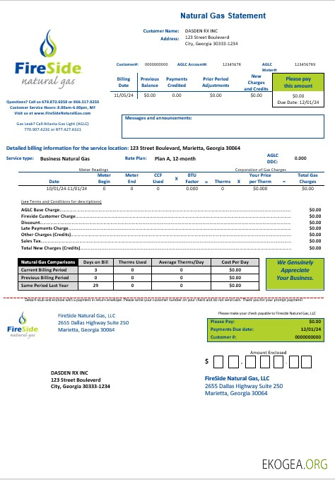 Modèle de facture de services publics de gaz naturel FireSide USA California aux formats Word et PDF